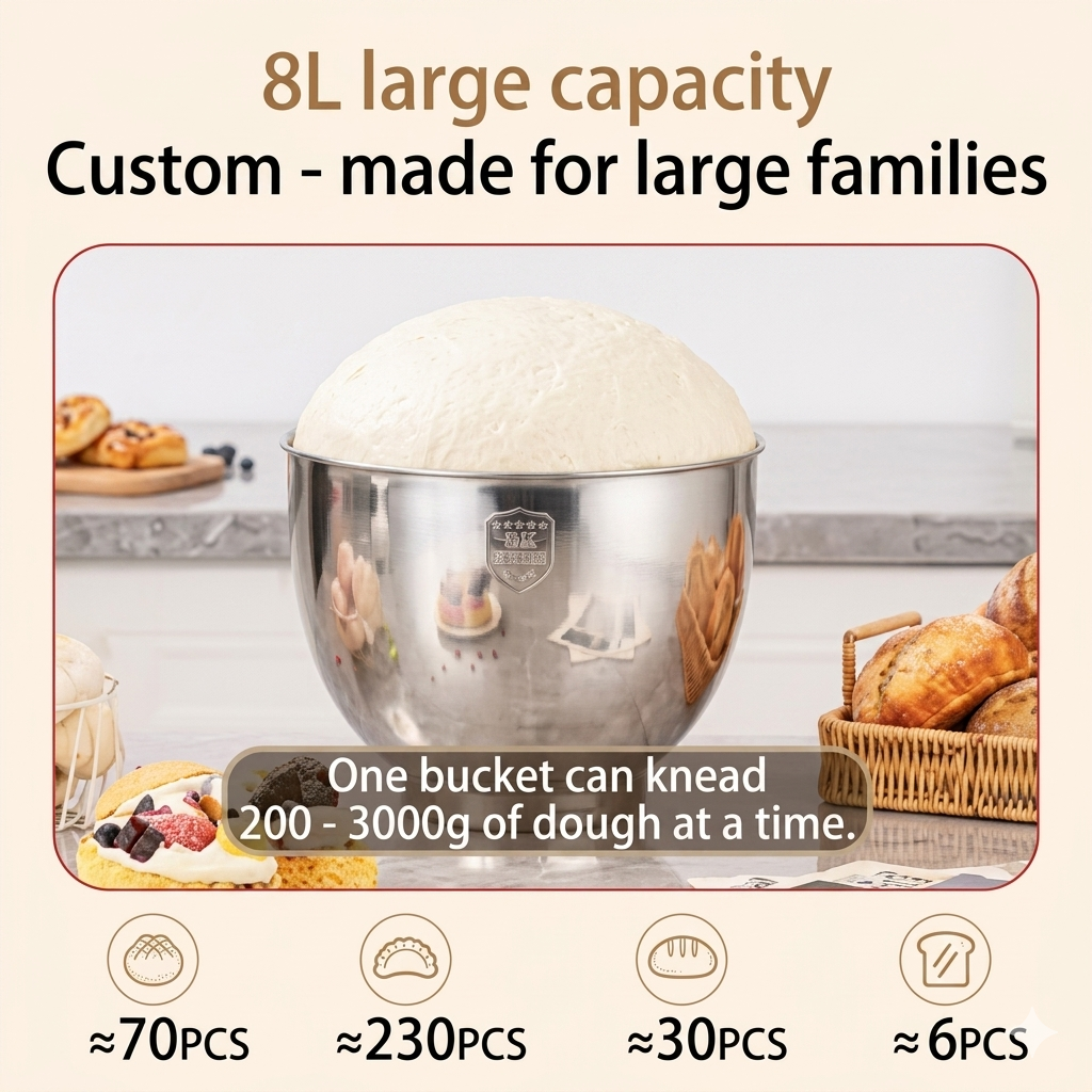 SUNATUR 8L Stand Mixer 2000W,Stainless Steel Bowl,6-Speed Dough Kneader&Egg Beater,Timed Fermentatio