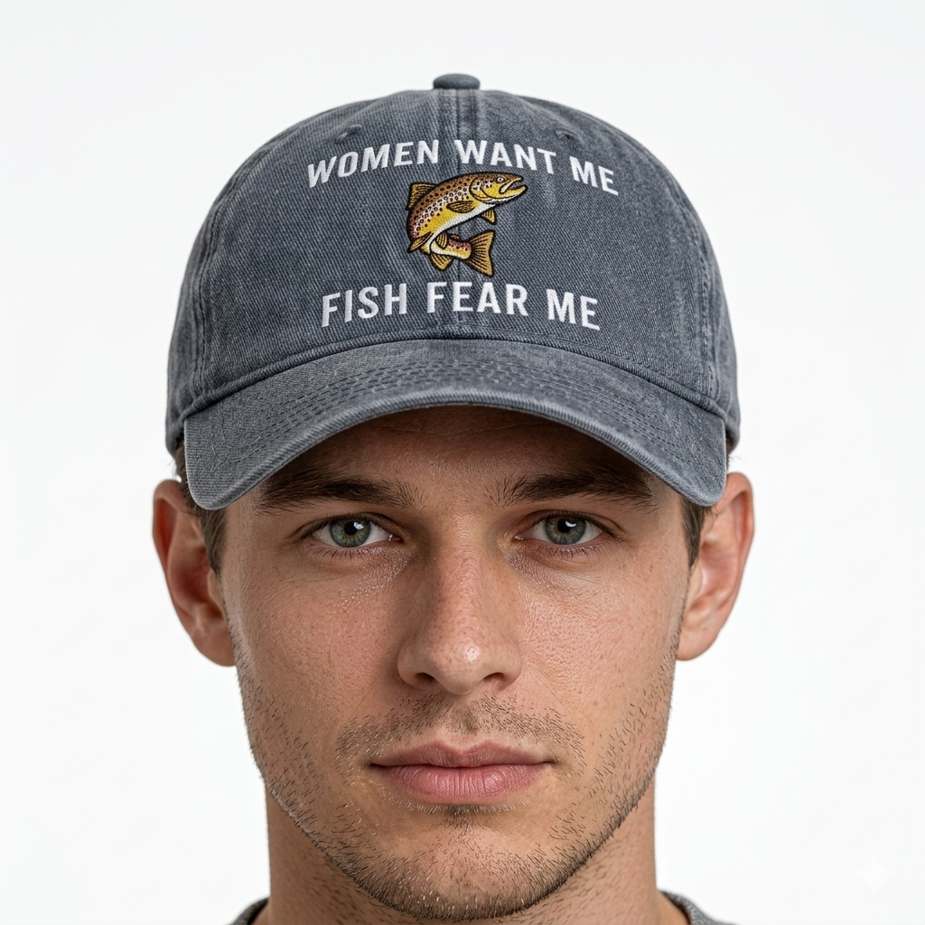 Fish Fear Hat For Men, Adjustable Embroidered Cotton Ponytail Baseball Cap