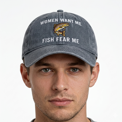 Fish Fear Hat For Men, Adjustable Embroidered Cotton Ponytail Baseball Cap