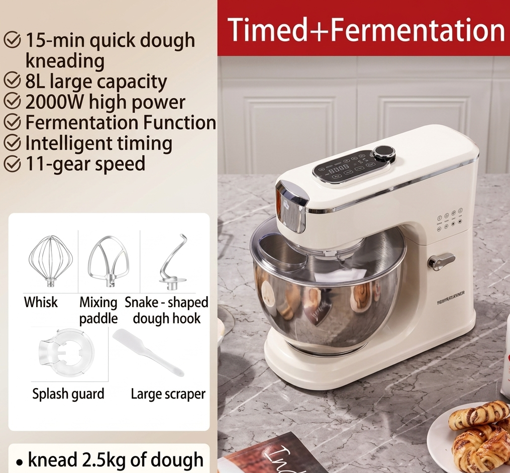 SUNATUR 8L Stand Mixer 2000W,Stainless Steel Bowl,6-Speed Dough Kneader&Egg Beater,Timed Fermentatio