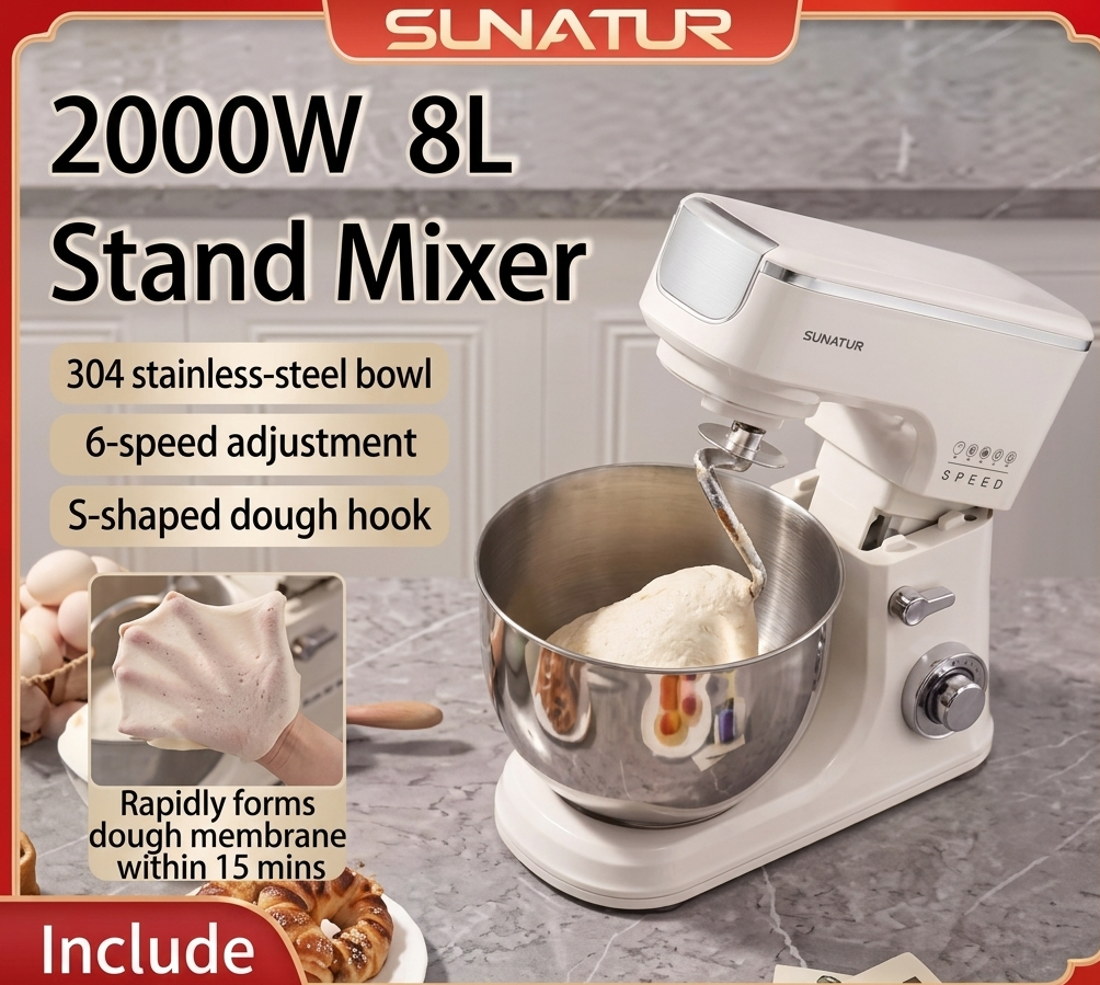 SUNATUR 8L Stand Mixer 2000W,Stainless Steel Bowl,6-Speed Dough Kneader&Egg Beater,Timed Fermentatio