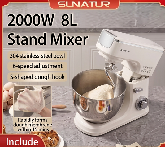 SUNATUR 8L Stand Mixer 2000W,Stainless Steel Bowl,6-Speed Dough Kneader&Egg Beater,Timed Fermentatio