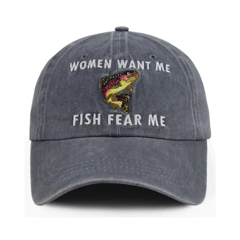 Fish Fear Hat For Men, Adjustable Embroidered Cotton Ponytail Baseball Cap